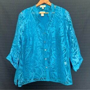 Choices Teal Blue Sheer Floral Roll Tab Long Sleeve Shirt L w/ layering tank XL